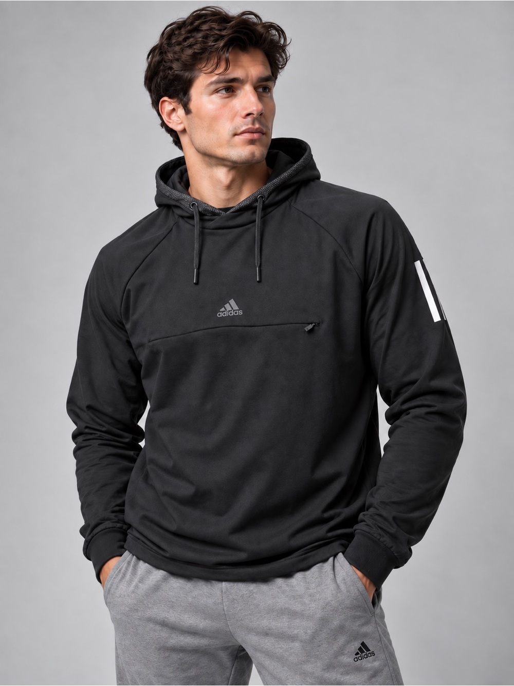 Adidas Men’s 2XL Charcoal Black Hooded Pullover Performance Athletic Sweatshirt